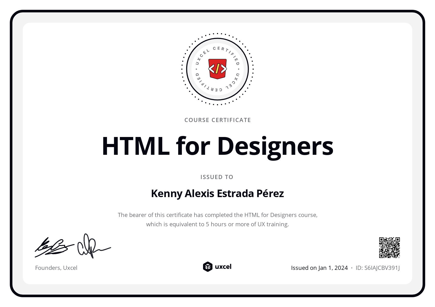 Kenny Alexis Estrada Pérez's certificate